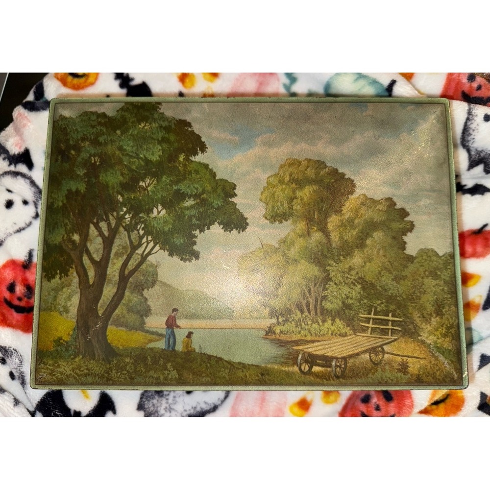 VINTAGE NABISCO COOKIE TIN LARGE LAKE SCENE RARE FIND